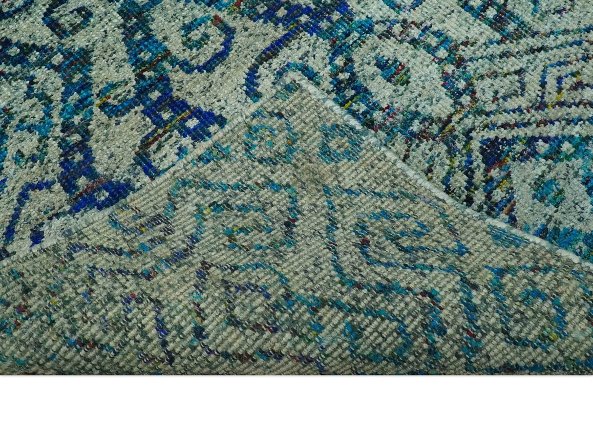 Beige and Blue 5x7.6 Large design Hand Knotted wool area rug