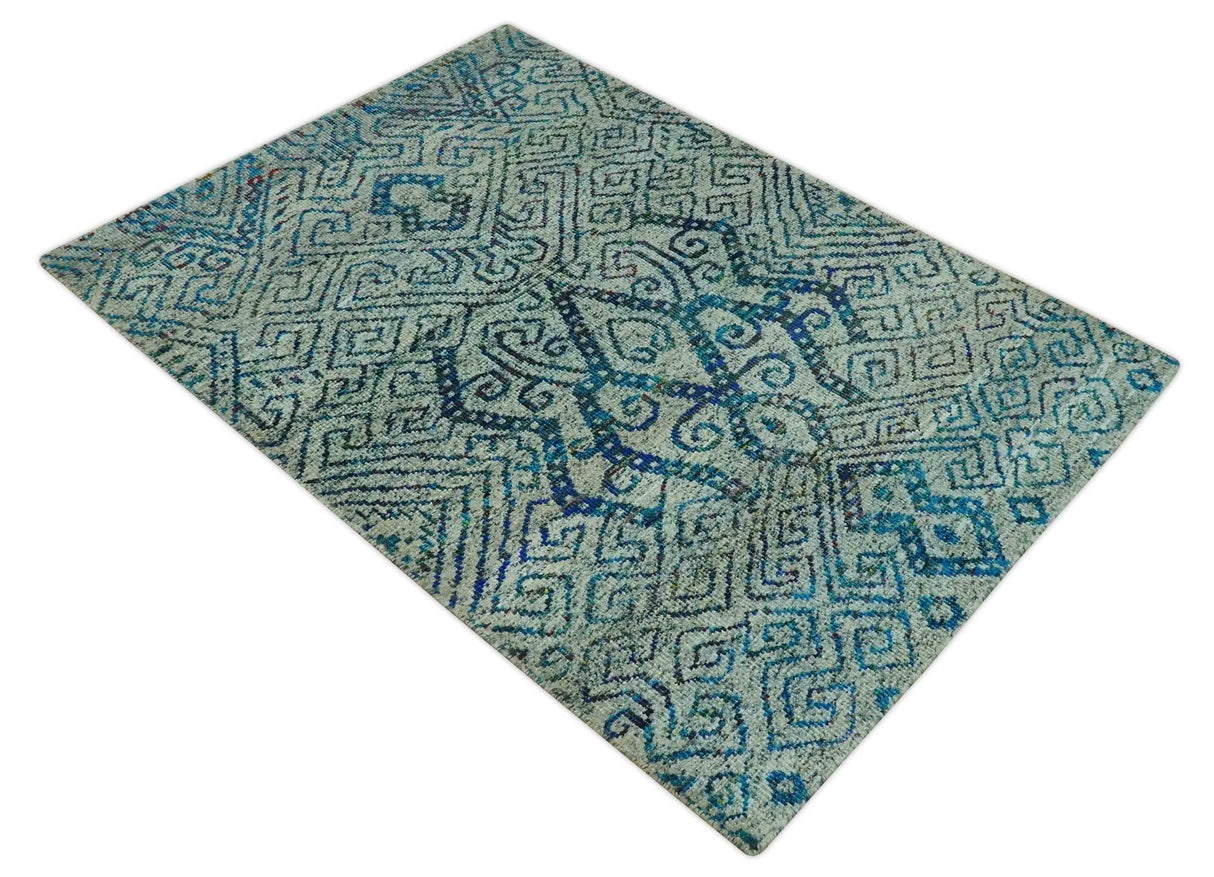 Beige and Blue 5x7.6 Large design Hand Knotted wool area rug