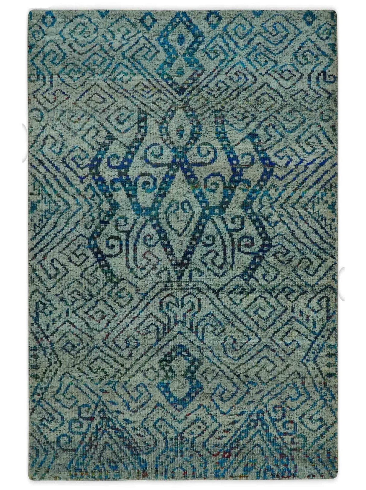 Beige and Blue 5x7.6 Large design Hand Knotted wool area rug