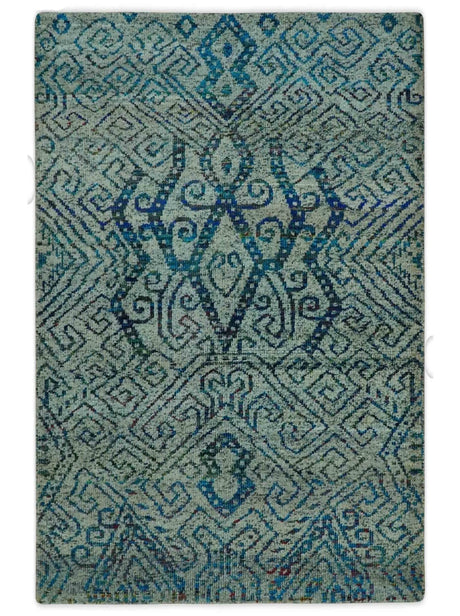 Beige and Blue 5x7.6 Large design Hand Knotted wool area rug