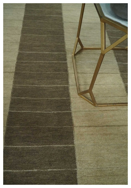 Beige and Brown Modern Geometrical Hand loom 5x8 wool and Art Silk area Rug
