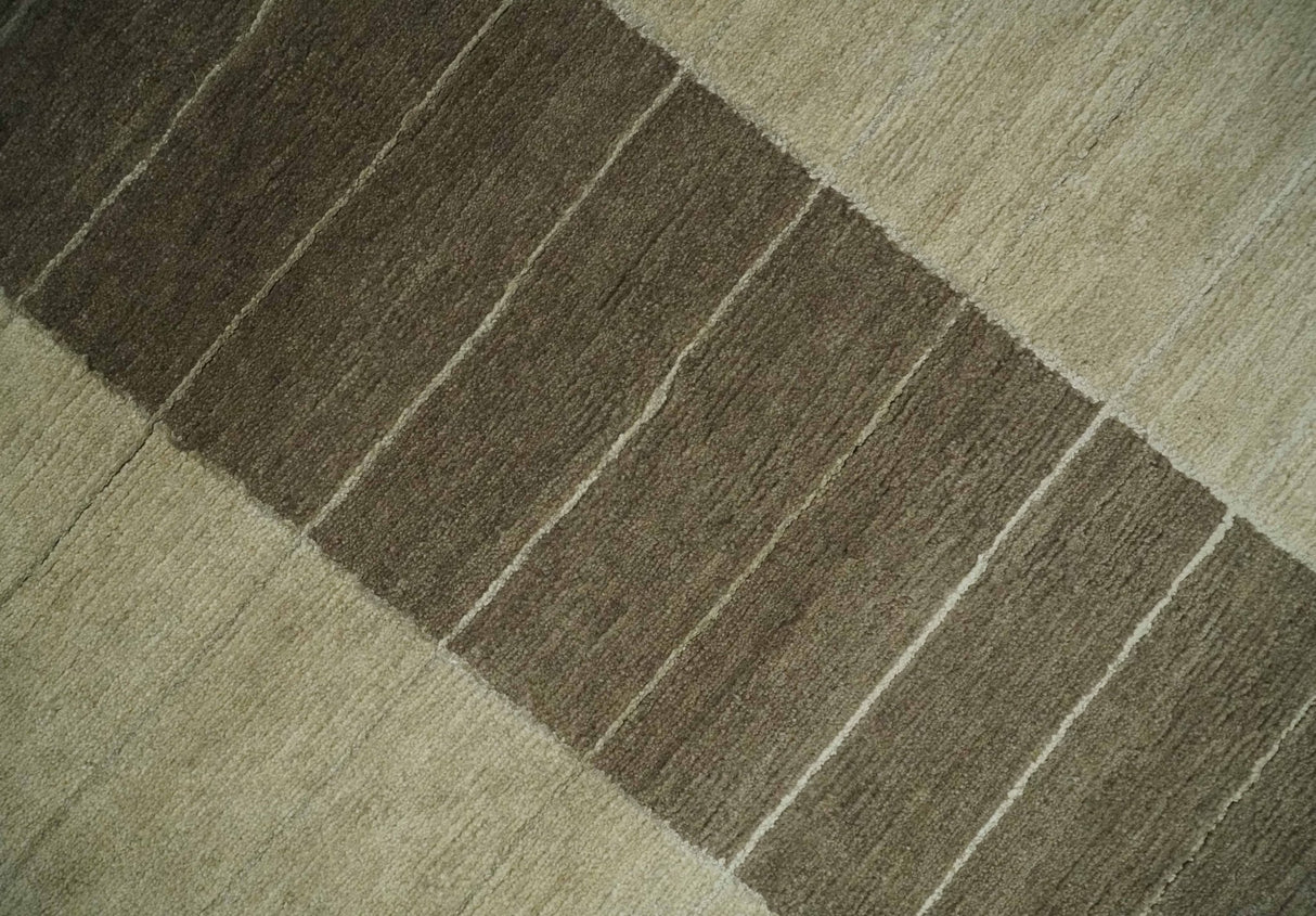 Beige and Brown Modern Geometrical Hand loom 5x8 wool and Art Silk area Rug