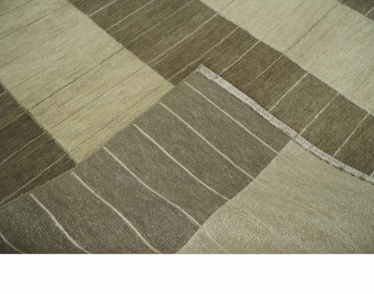 Beige and Brown Modern Geometrical Hand loom 5x8 wool and Art Silk area Rug