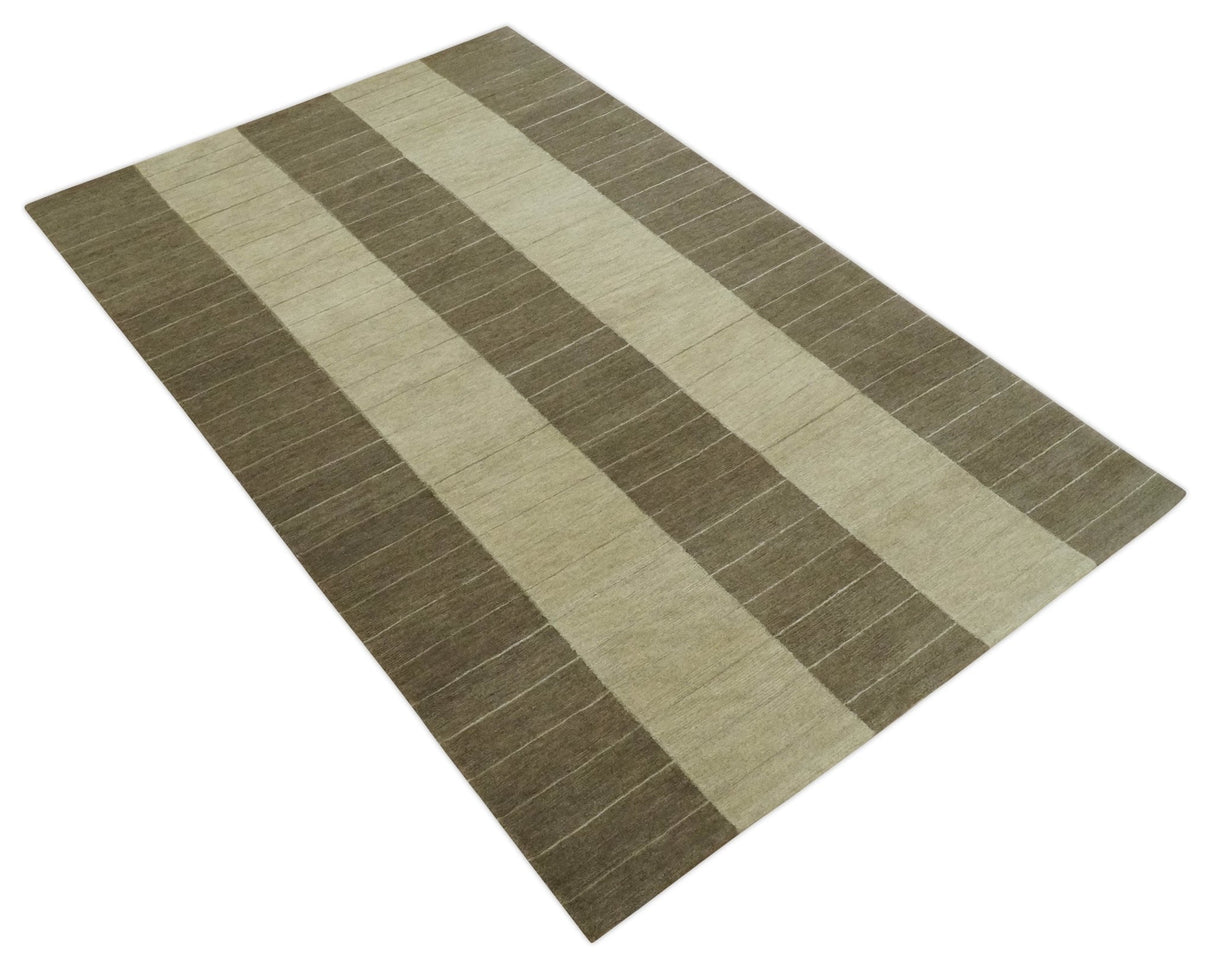 Beige and Brown Modern Geometrical Hand loom 5x8 wool and Art Silk area Rug
