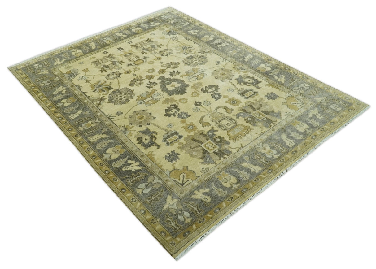 Beige and Gray 8x10 Hand Knotted Traditional Oriental Oushak Wool area rug