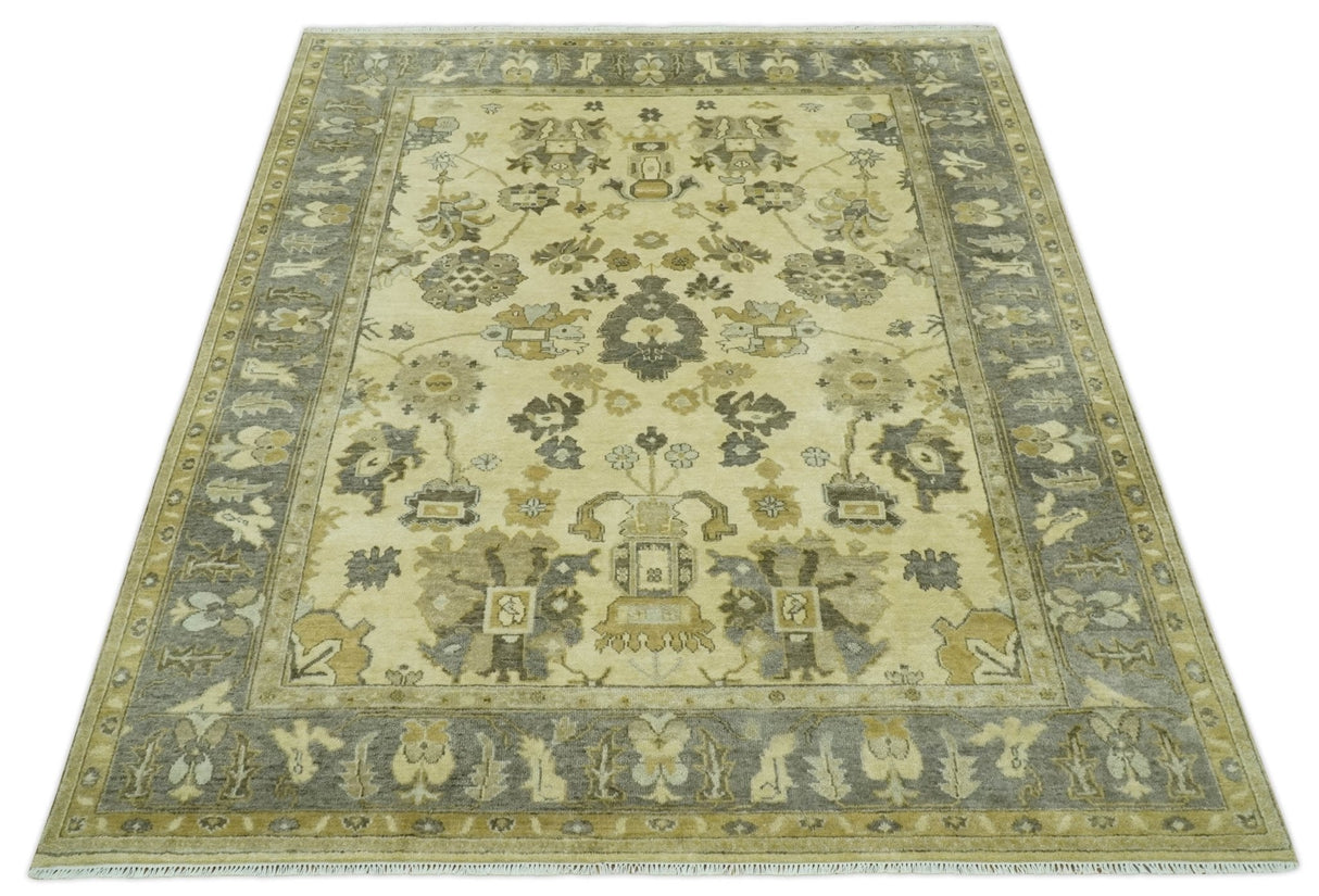 Beige and Gray 8x10 Hand Knotted Traditional Oriental Oushak Wool area rug