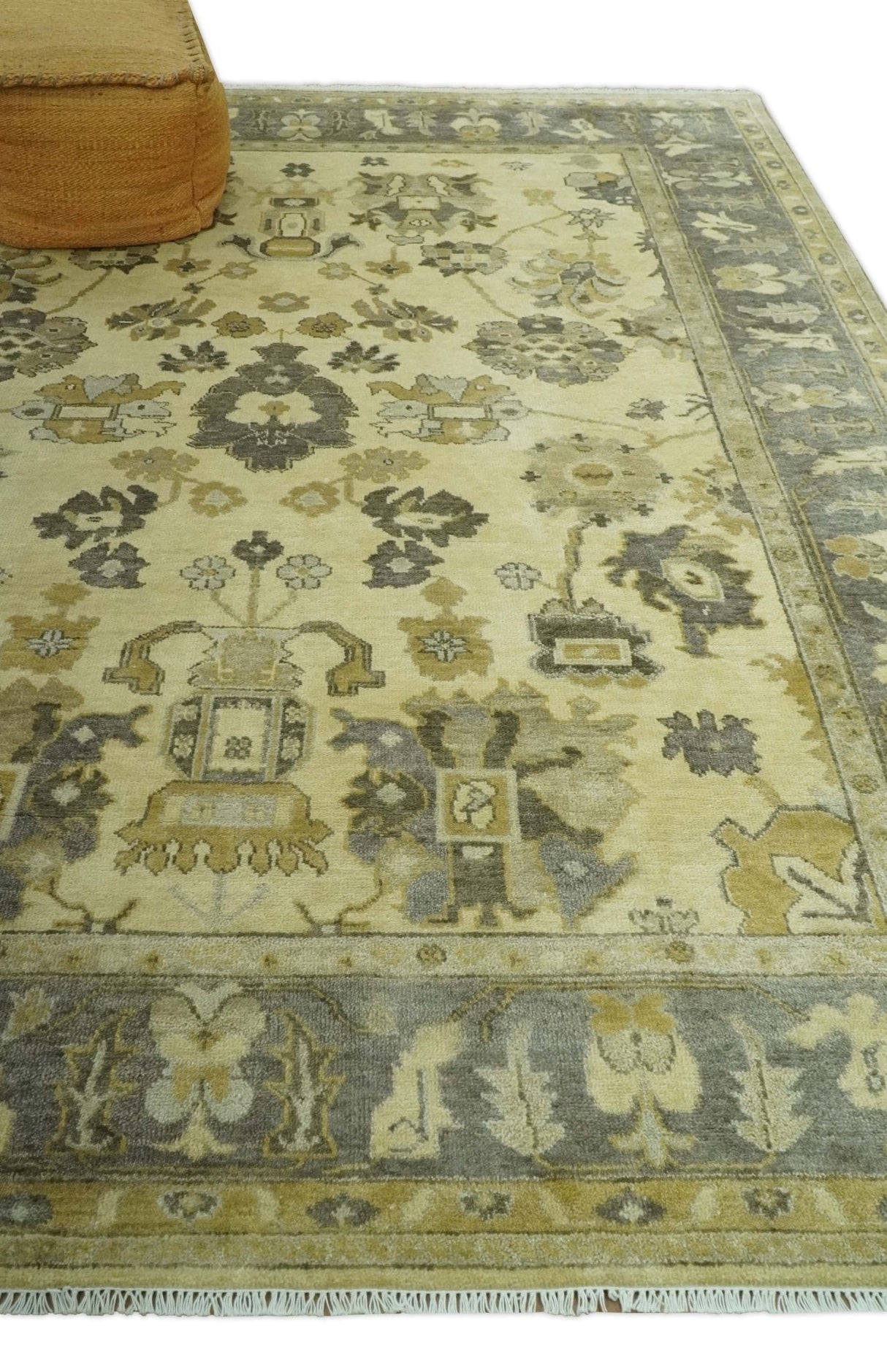 Beige and Gray 8x10 Hand Knotted Traditional Oriental Oushak Wool area rug