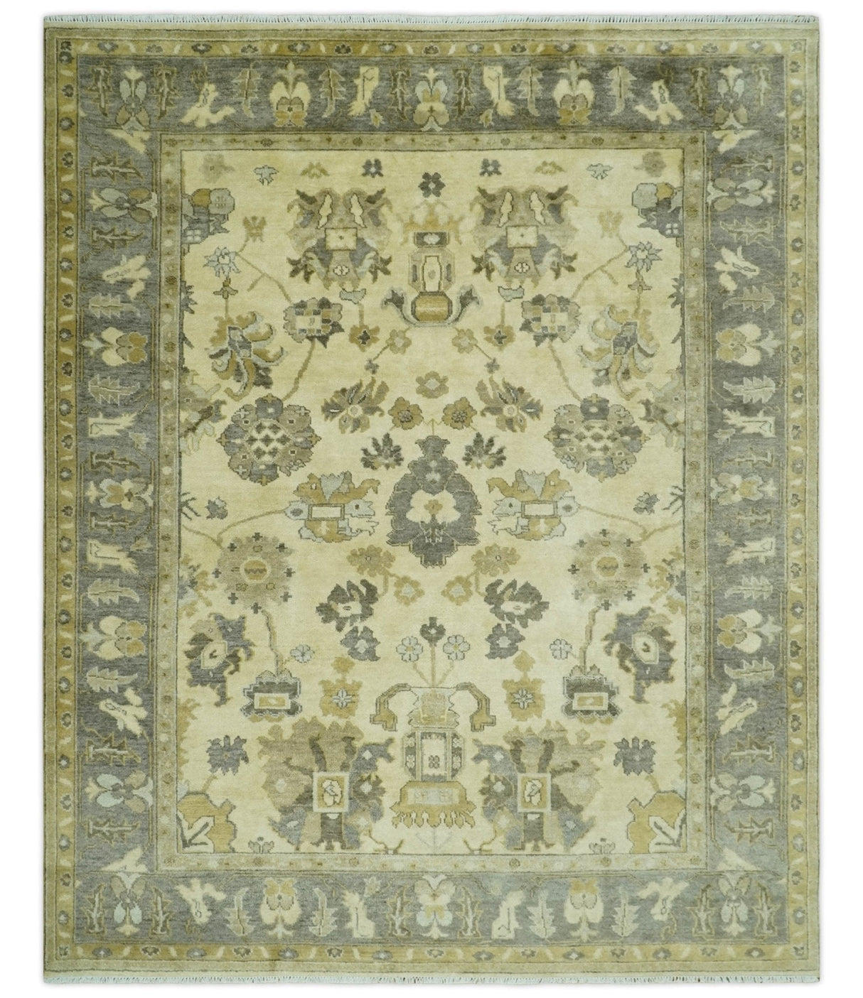 Beige and Gray 8x10 Hand Knotted Traditional Oriental Oushak Wool area rug