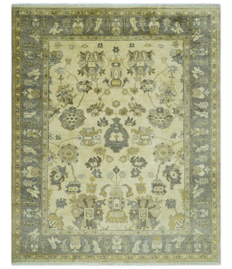Beige and Gray 8x10 Hand Knotted Traditional Oriental Oushak Wool area rug