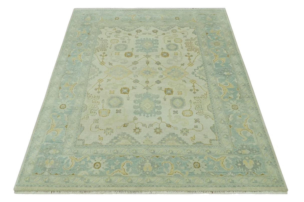 Beige and Gray 8x10 Hand Knotted Traditional Oriental Oushak wool area rug