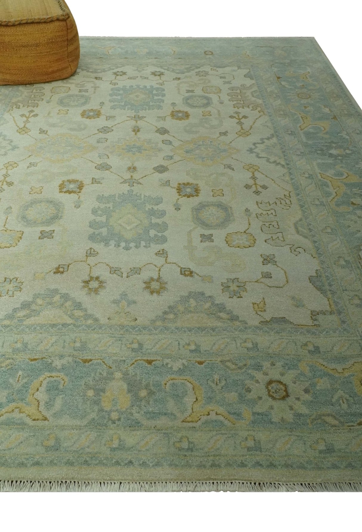 Beige and Gray 8x10 Hand Knotted Traditional Oriental Oushak wool area rug