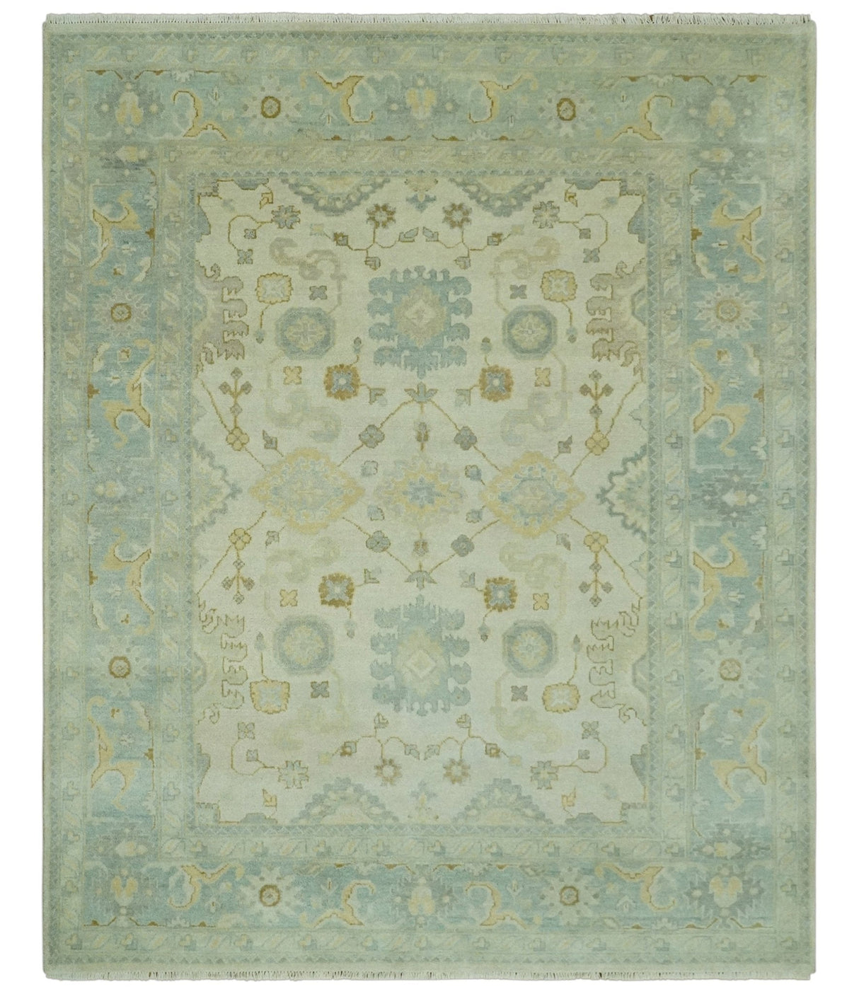 Beige and Gray 8x10 Hand Knotted Traditional Oriental Oushak wool area rug