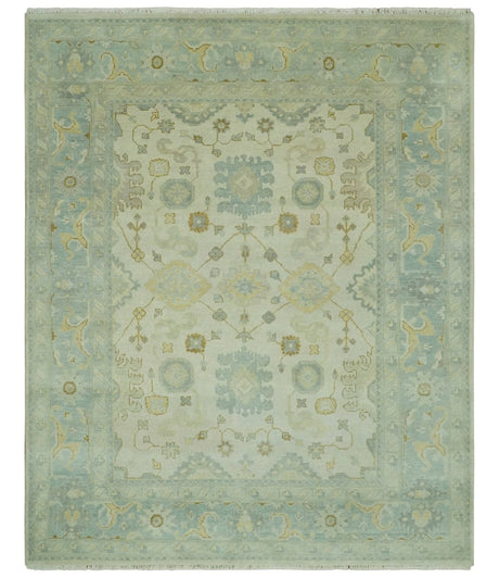 Beige and Gray 8x10 Hand Knotted Traditional Oriental Oushak wool area rug