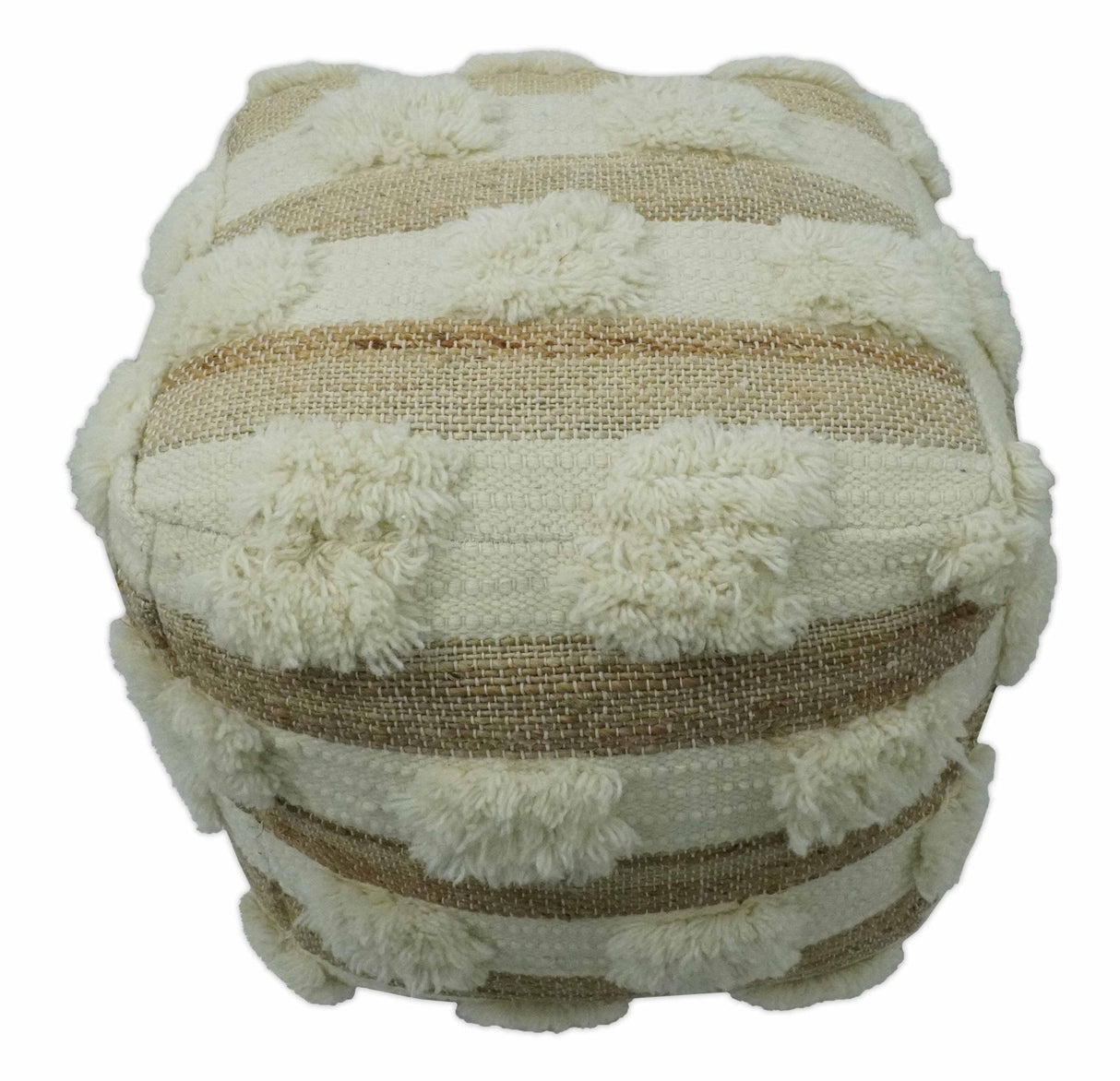 Beige and Ivory Geometrical Stripes Design Fringed wool and jute Pouf