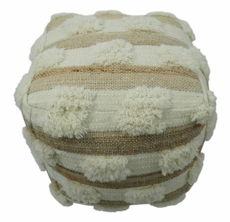 Beige and Ivory Geometrical Stripes Design Fringed wool and jute Pouf