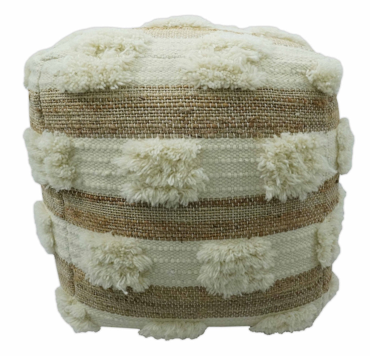 Beige and Ivory Geometrical Stripes Design Fringed wool and jute Pouf