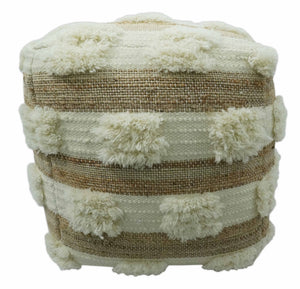 Beige and Ivory Geometrical Stripes Design Fringed wool and jute Pouf