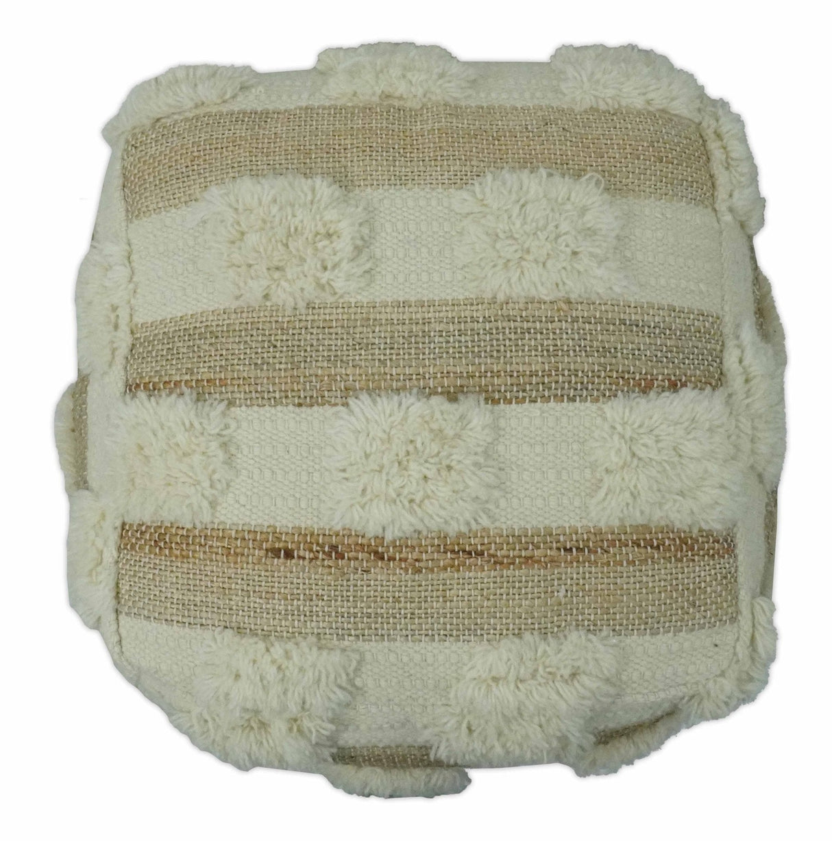 Beige and Ivory Geometrical Stripes Design Fringed wool and jute Pouf