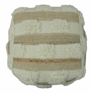 Beige and Ivory Geometrical Stripes Design Fringed wool and jute Pouf