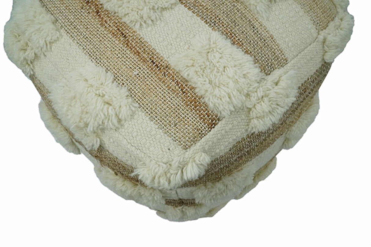 Beige and Ivory Geometrical Stripes Design Fringed wool and jute Pouf