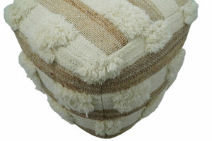 Beige and Ivory Geometrical Stripes Design Fringed wool and jute Pouf