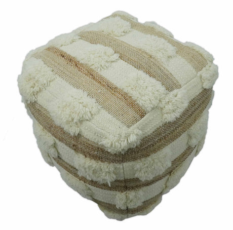 Beige and Ivory Geometrical Stripes Design Fringed wool and jute Pouf