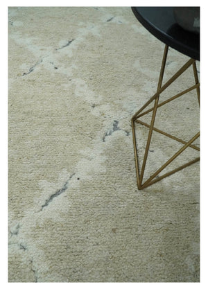 Beige and Ivory Traditional Hand Knotted 8x10 Geometrical Pattern Wool Area Rug