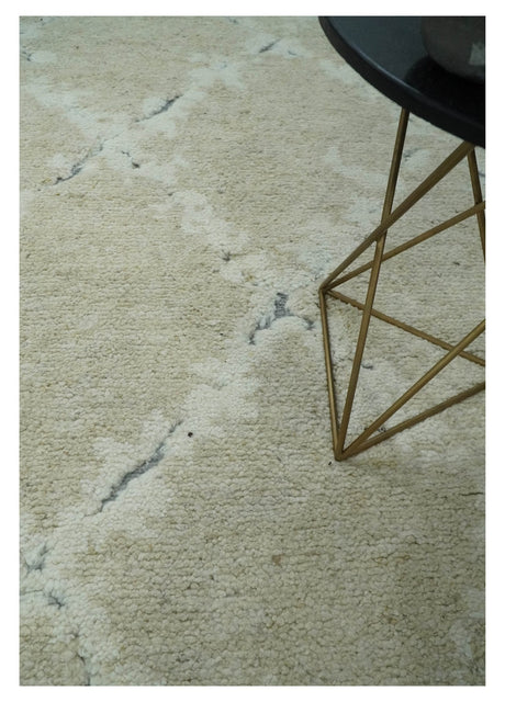 Beige and Ivory Traditional Hand Knotted 8x10 Geometrical Pattern Wool Area Rug