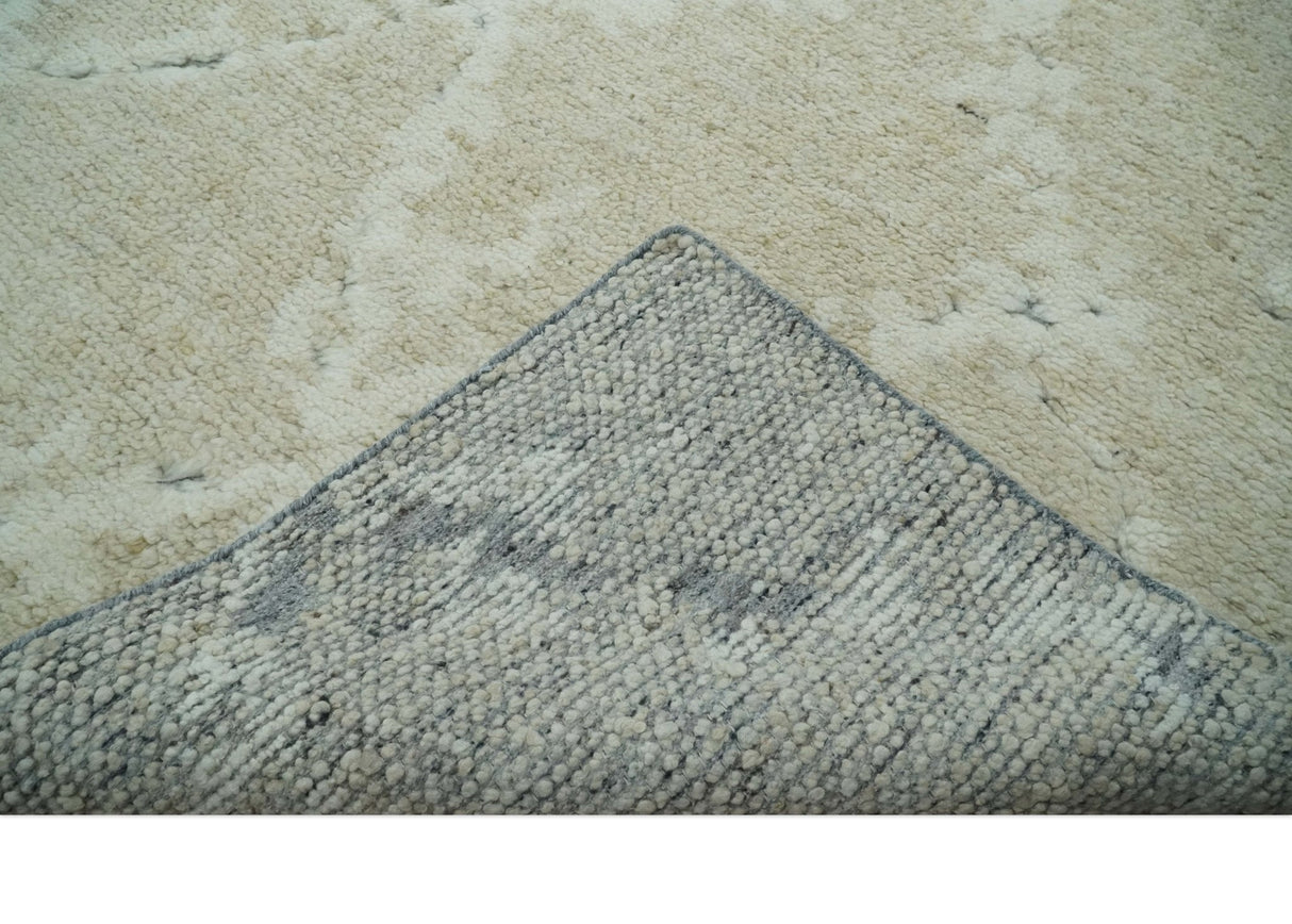 Beige and Ivory Traditional Hand Knotted 8x10 Geometrical Pattern Wool Area Rug