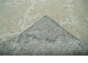 Beige and Ivory Traditional Hand Knotted 8x10 Geometrical Pattern Wool Area Rug