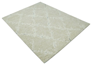 Beige and Ivory Traditional Hand Knotted 8x10 Geometrical Pattern Wool Area Rug