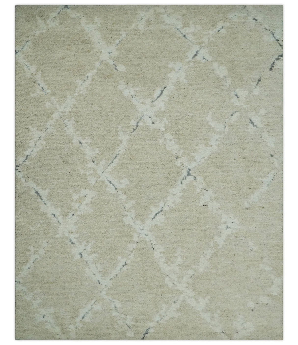 Beige and Ivory Traditional Hand Knotted 8x10 Geometrical Pattern Wool Area Rug