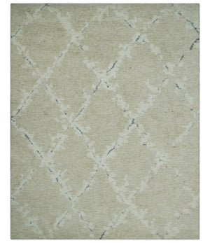 Beige and Ivory Traditional Hand Knotted 8x10 Geometrical Pattern Wool Area Rug