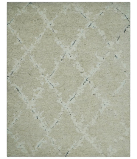 Beige and Ivory Traditional Hand Knotted 8x10 Geometrical Pattern Wool Area Rug