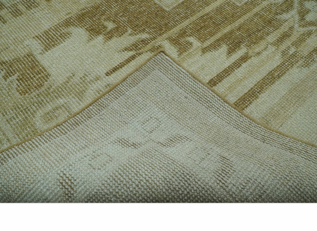 Beige and Olive 8x10 Hand Knotted Traditional Low Pile wool area rug