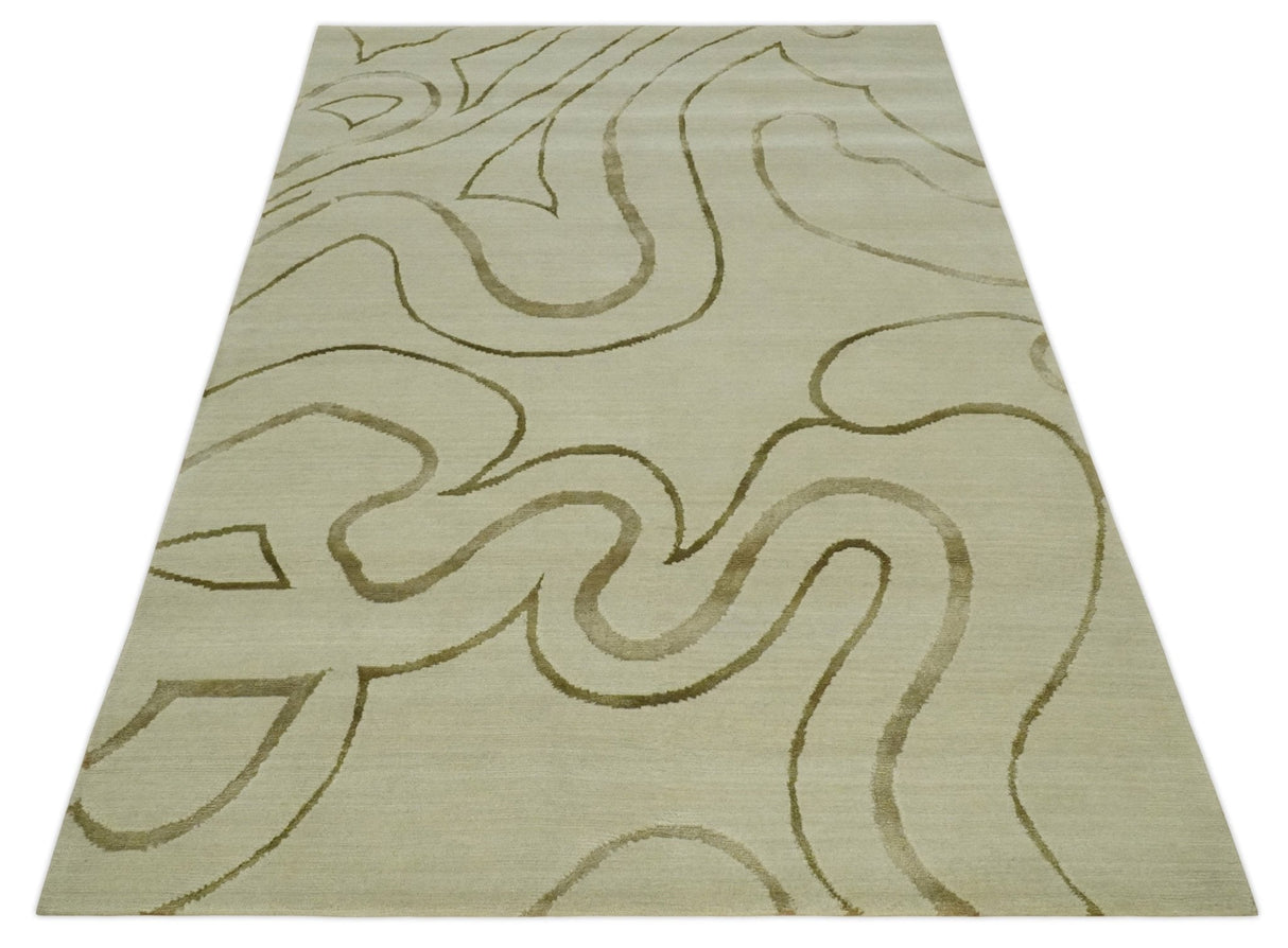 Beige and Olive Snake Design Handloom 5.x8.6 wool and art Silk Area Rug