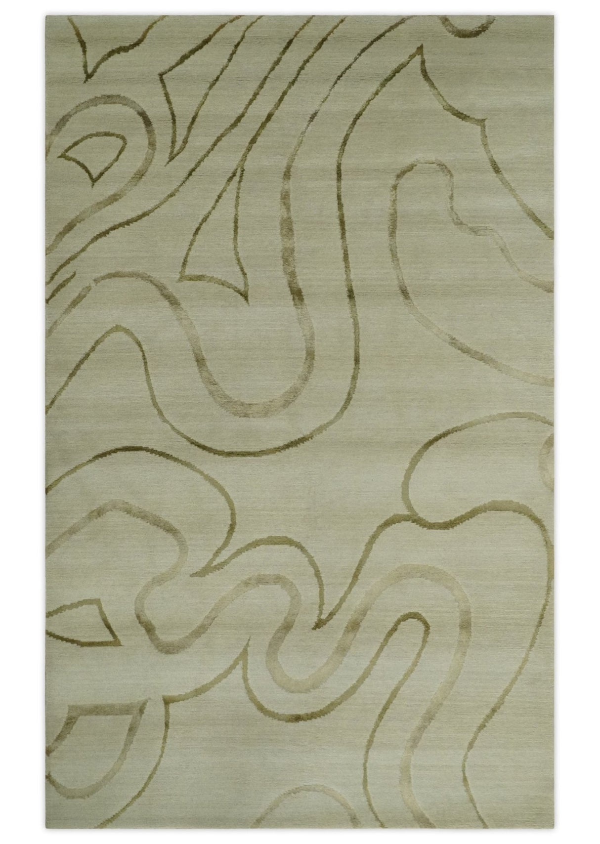Beige and Olive Snake Design Handloom 5.x8.6 wool and art Silk Area Rug