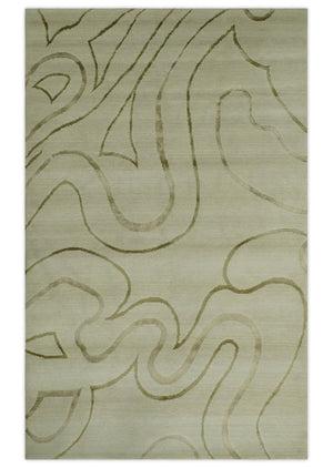 Beige and Olive Snake Design Handloom 5.x8.6 wool and art Silk Area Rug