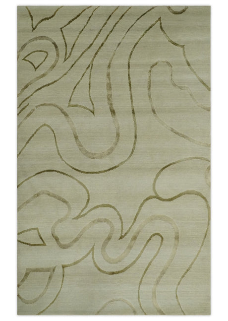 Beige and Olive Snake Design Handloom 5.x8.6 wool and art Silk Area Rug