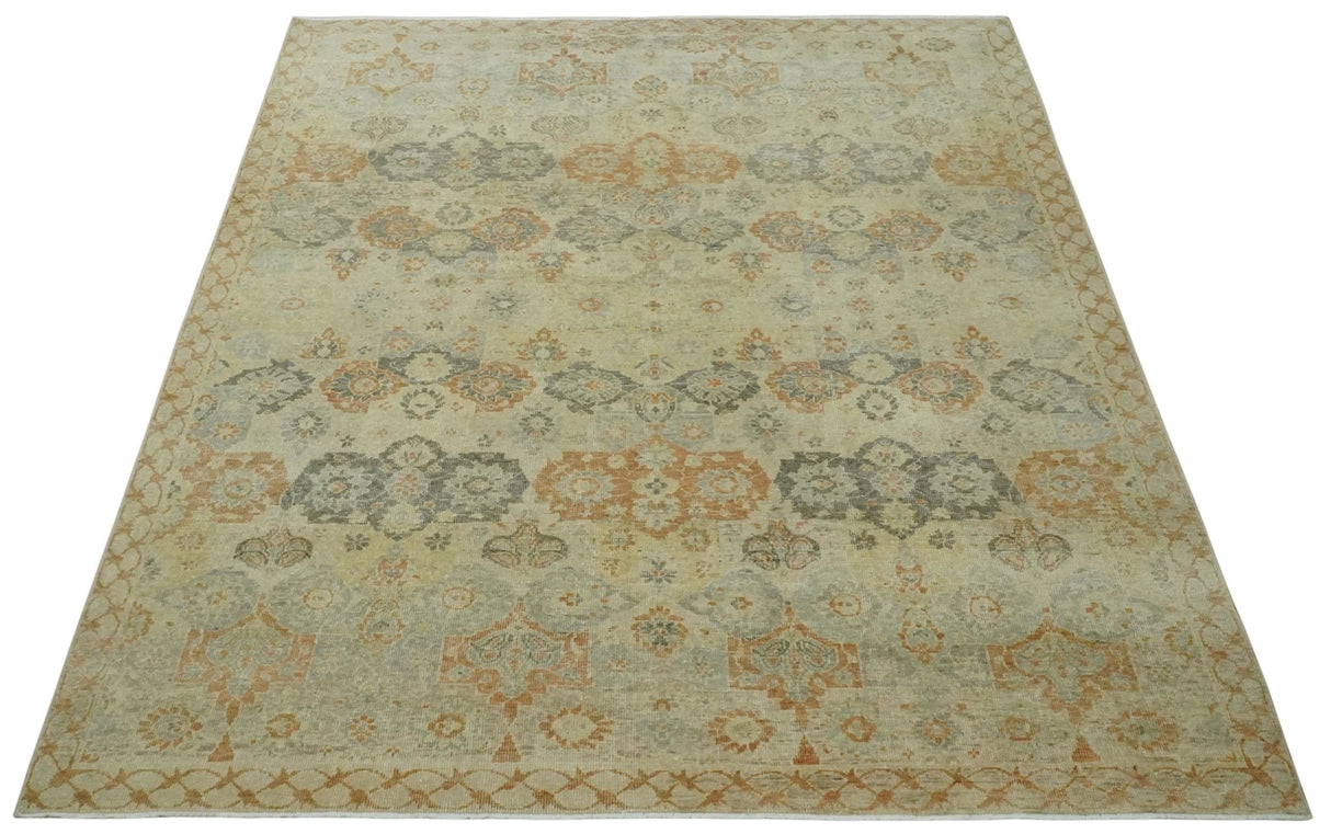 Beige and Rust 8x10 Textured Low Pile Hand Knotted Traditional Wool Area Rug