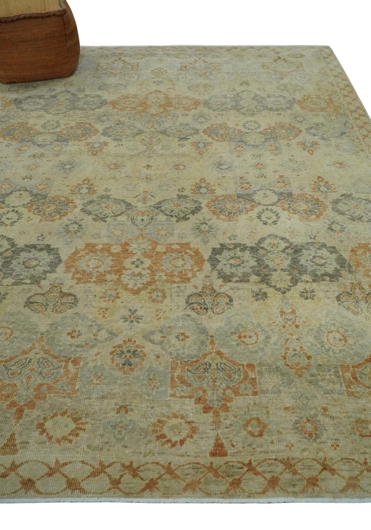 Beige and Rust 8x10 Textured Low Pile Hand Knotted Traditional Wool Area Rug