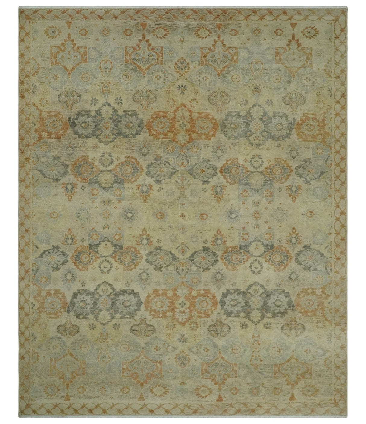 Beige and Rust 8x10 Textured Low Pile Hand Knotted Traditional Wool Area Rug