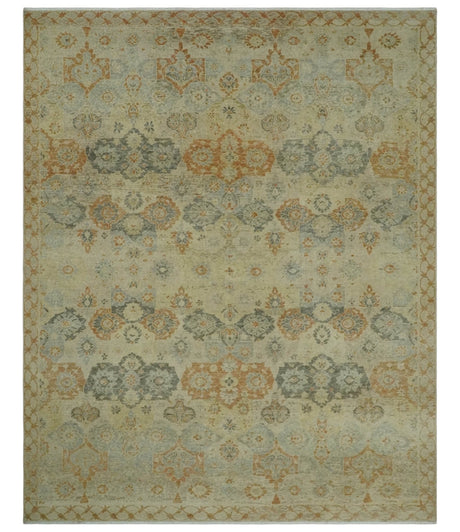 Beige and Rust 8x10 Textured Low Pile Hand Knotted Traditional Wool Area Rug