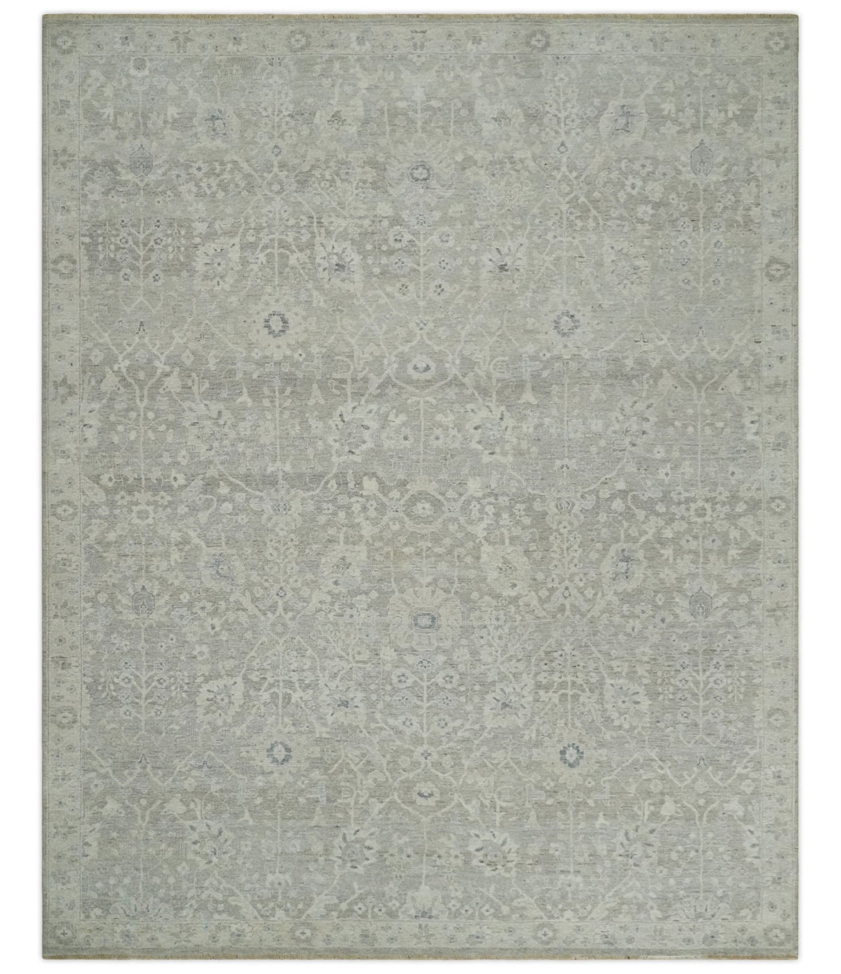 Beige and Silver Custom Made Antique Style Distressed Finished Low Pile wool Area Rug