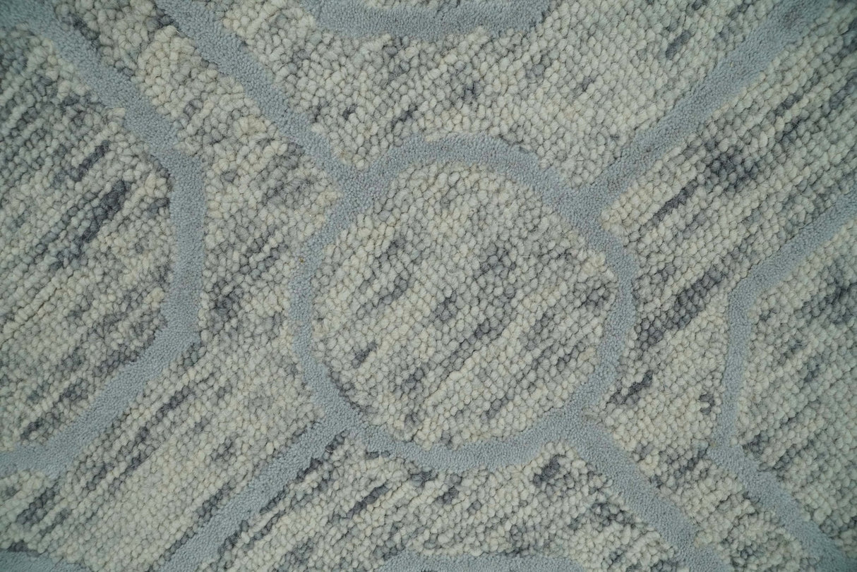 Beige and Silver Hand Hooked Modern Wool Area Rug