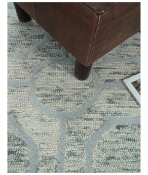 Beige and Silver Hand Hooked Modern Wool Area Rug