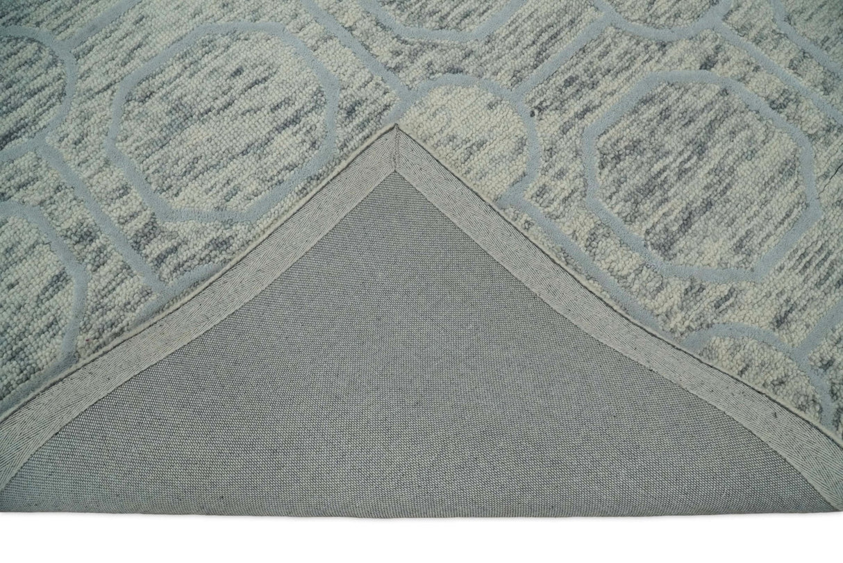 Beige and Silver Hand Hooked Modern Wool Area Rug
