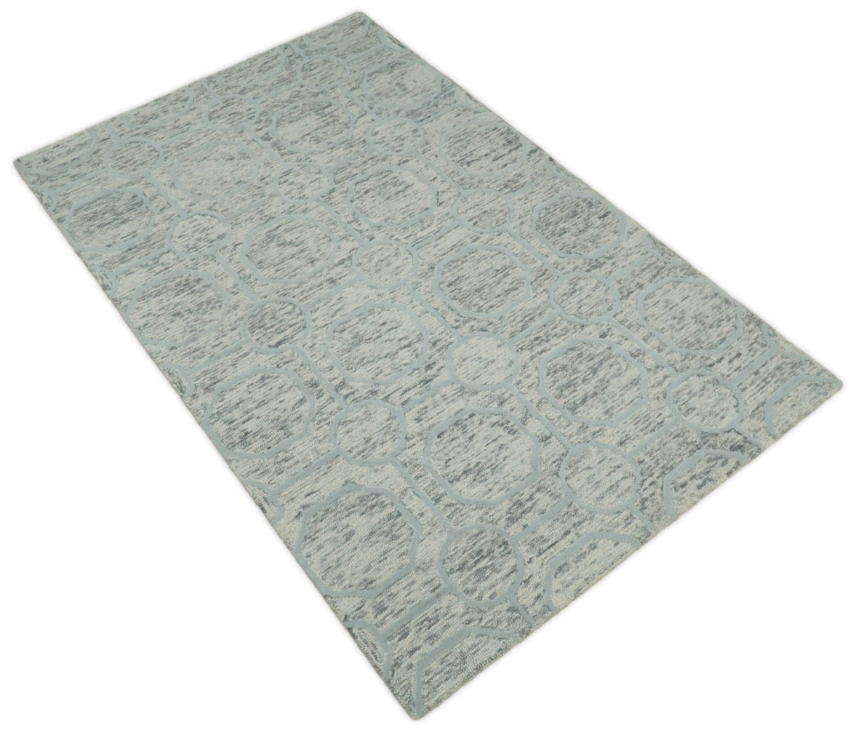 Beige and Silver Hand Hooked Modern Wool Area Rug