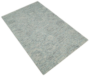 Beige and Silver Hand Hooked Modern Wool Area Rug