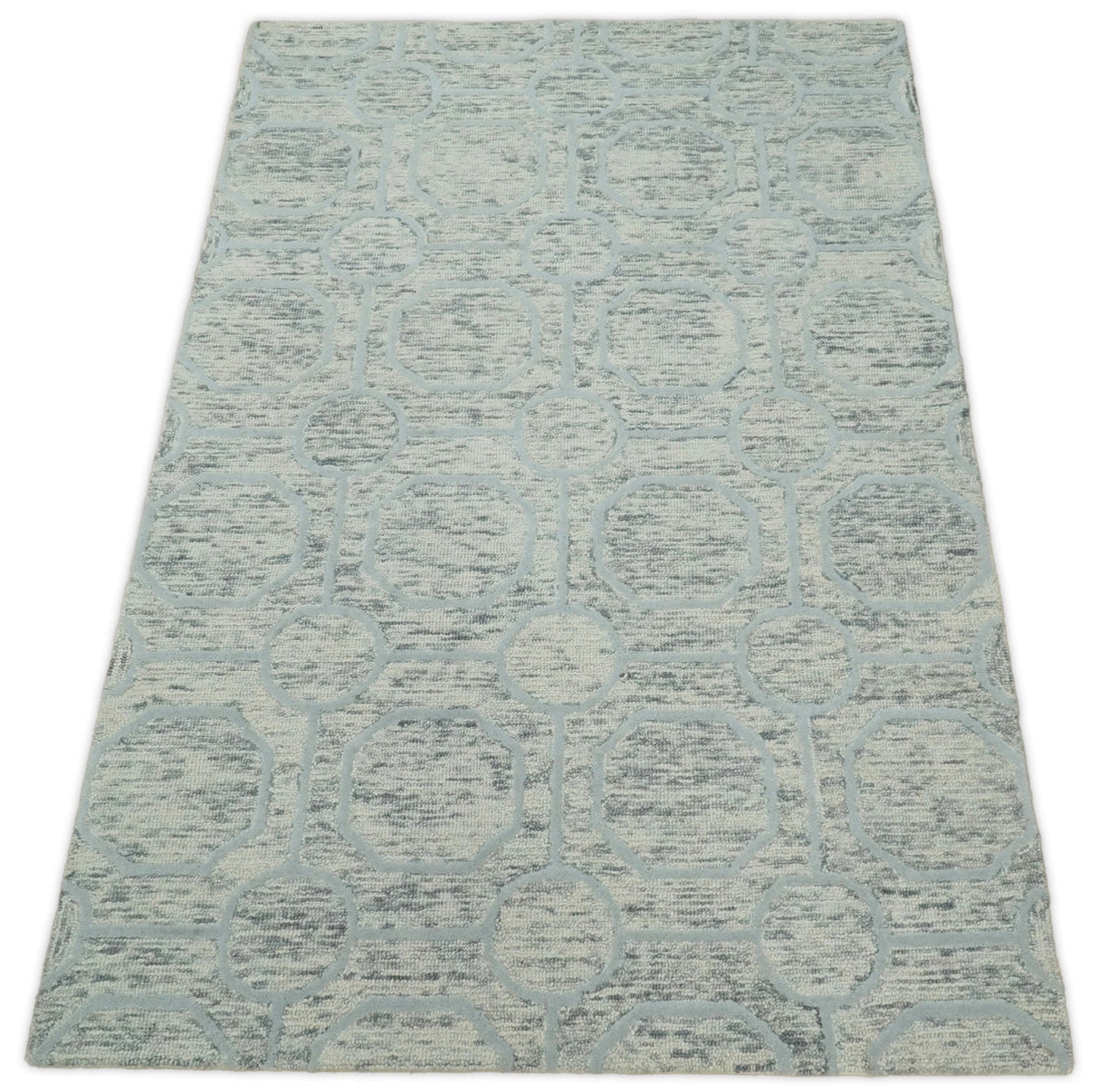 Beige and Silver Hand Hooked Modern Wool Area Rug